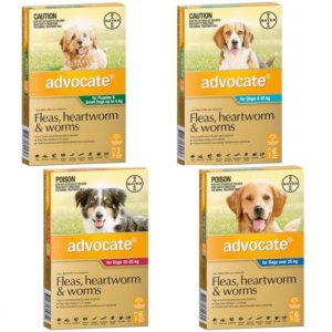 Images for four types of packs of Advocate for Dogs tretment for fleas, heartworm and worms, based on dog size
