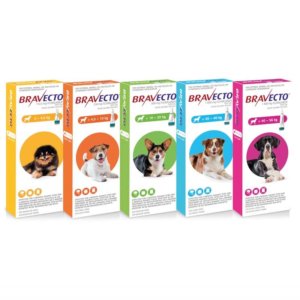 Compilation Image with shots of five different packs of Bravecto Chew for dogs - effective treatment for ticks and fleas according to five dog sizes