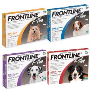 Compilation Image with shots of four different packs of FrontlinePlus for dogs - effective treatment for ticks and fleas according to four dog sizes