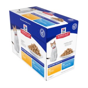 Image of Hills Science Plan multi pouch box with 6 chicken and 6 ocean fish recipe pouches for older cats over 7 years