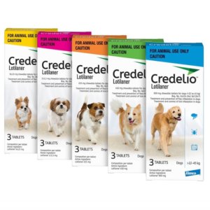 Image of the 5 boxes of Credelio Tick and Flea Medicine per dog size